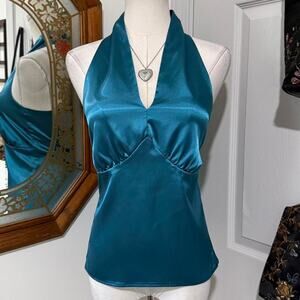 VTG Y2K F.L Malik Teal Blue Shiny Satin Sleeveless Halter Top
